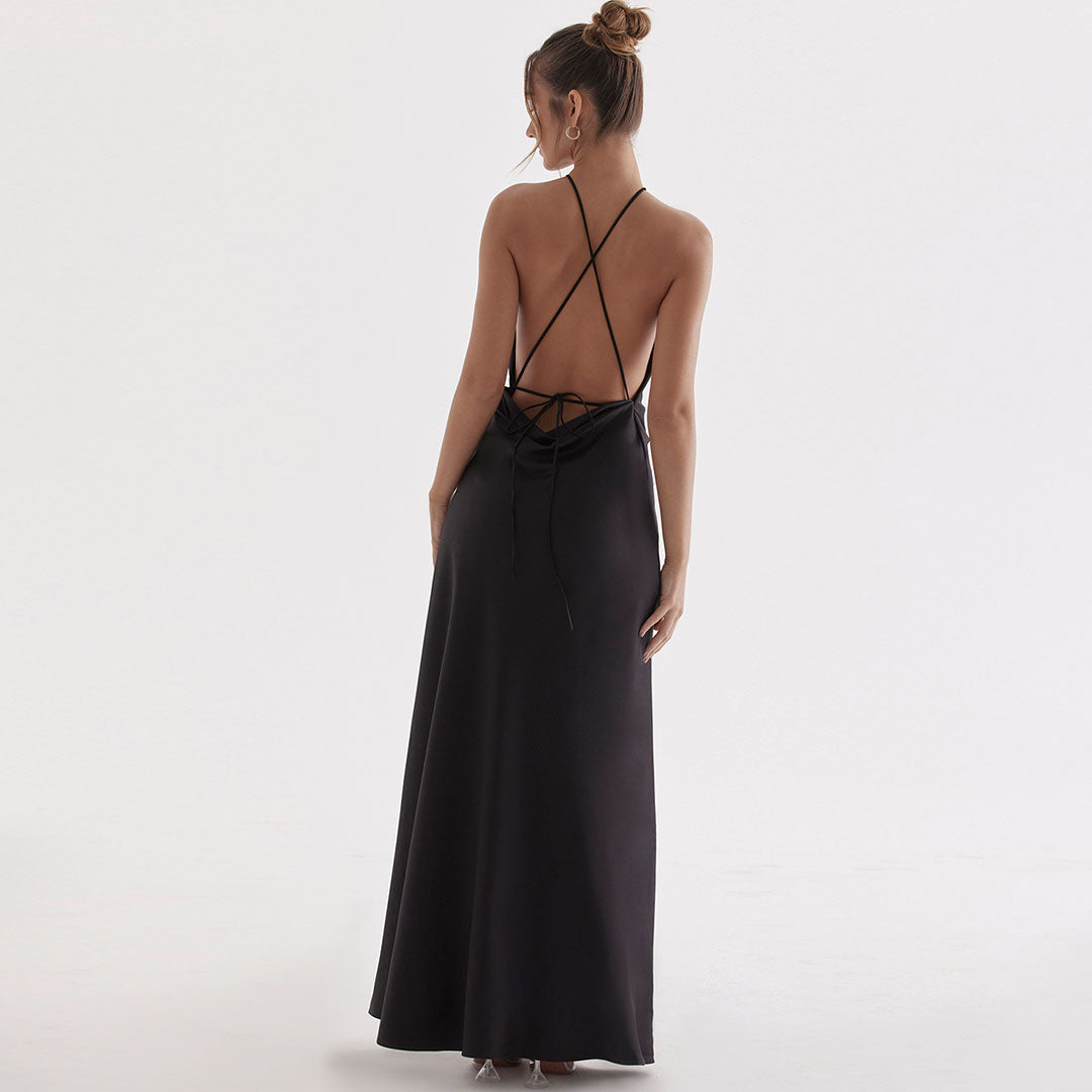 High Split Sleeveless Backless Evening Maxi Dress - Black - View 3