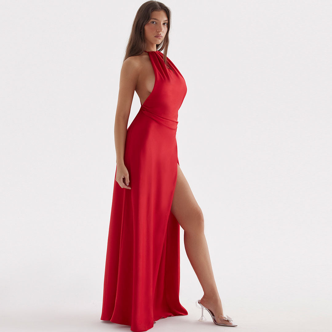 High Split Sleeveless Backless Evening Maxi Dress - Red - View 2
