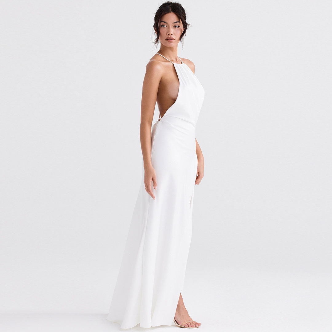 High Split Sleeveless Backless Evening Maxi Dress - White - View 2
