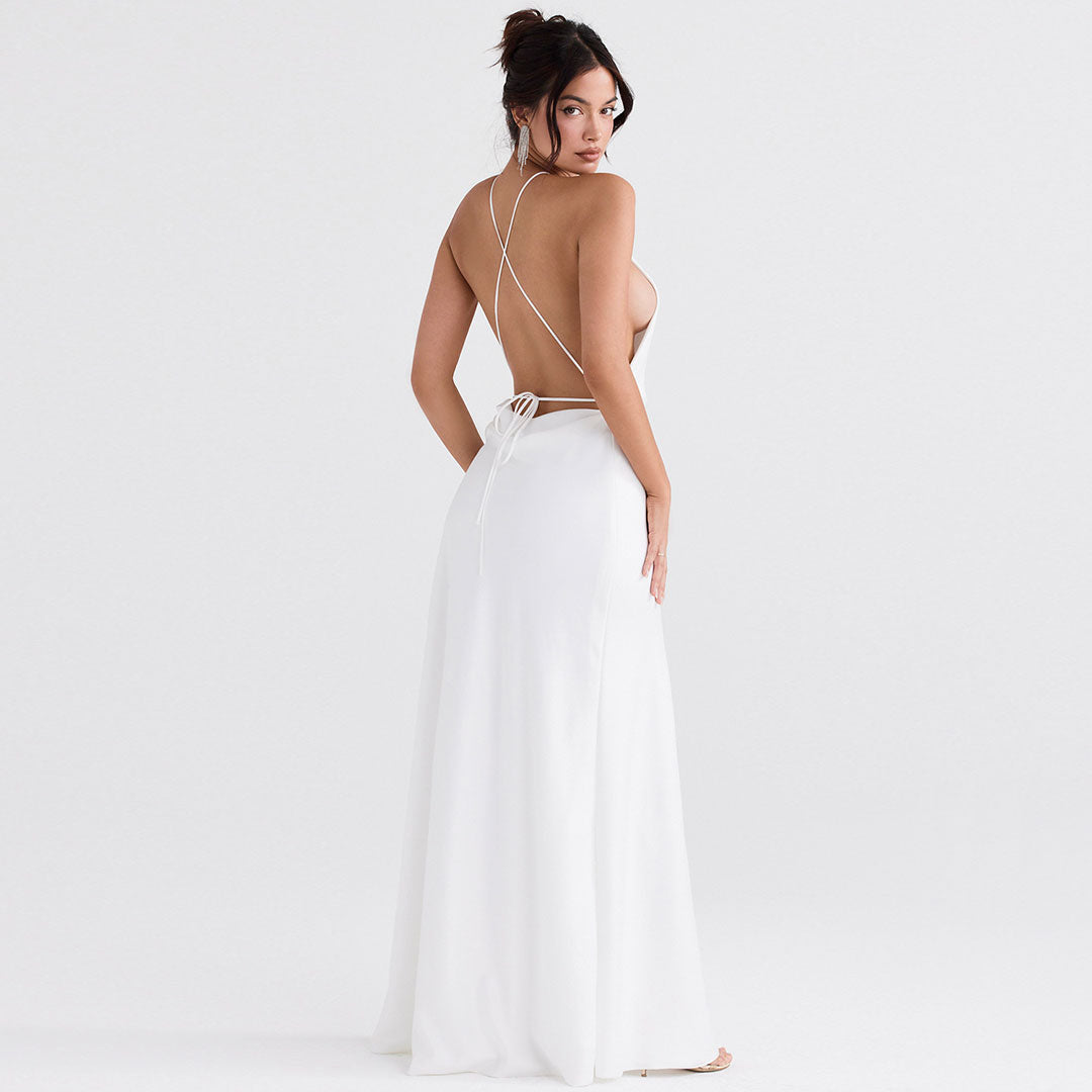 High Split Sleeveless Backless Evening Maxi Dress - White - View 3