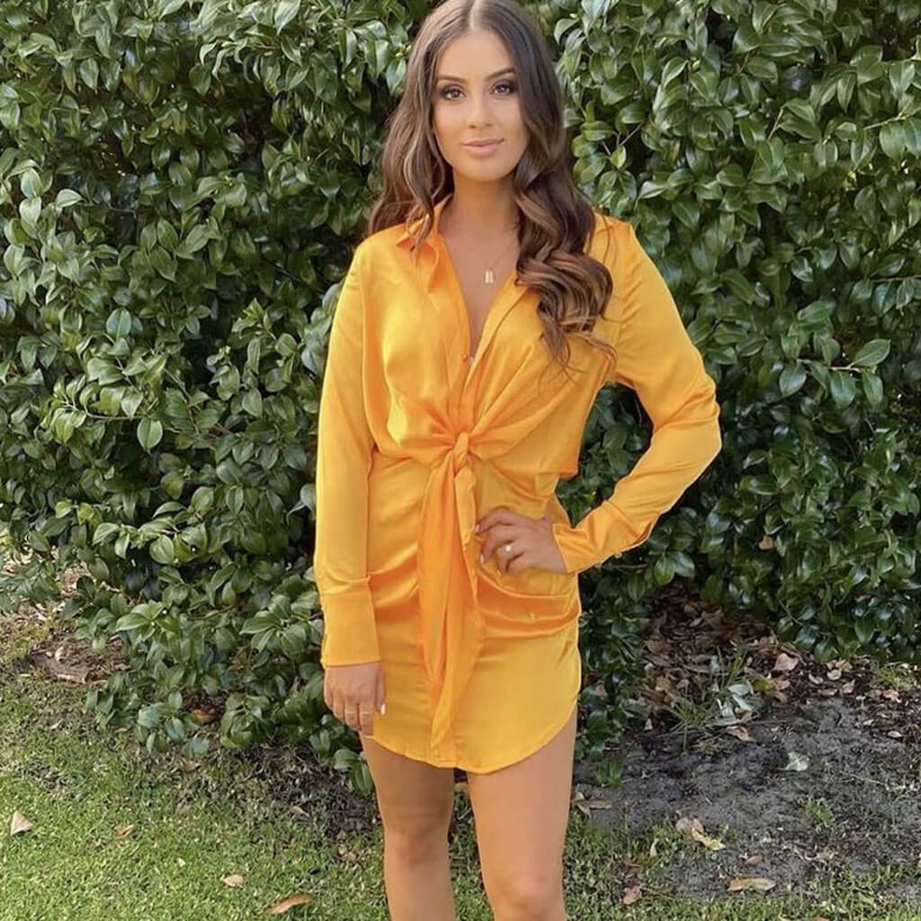 V Neck Knotted Long Sleeve Satin Shirt Mini Dress - Gold - View 2