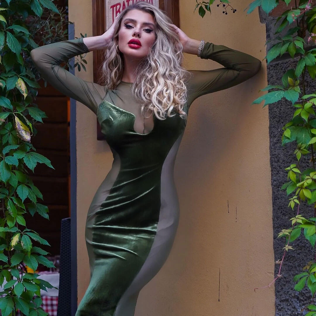 Velvet Mock Neck Long Sleeve Sheer Maxi Dress - Green - View 2