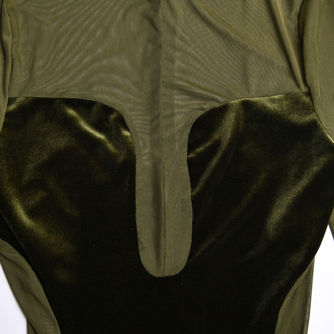 Velvet Mock Neck Long Sleeve Sheer Maxi Dress - Green - View 4
