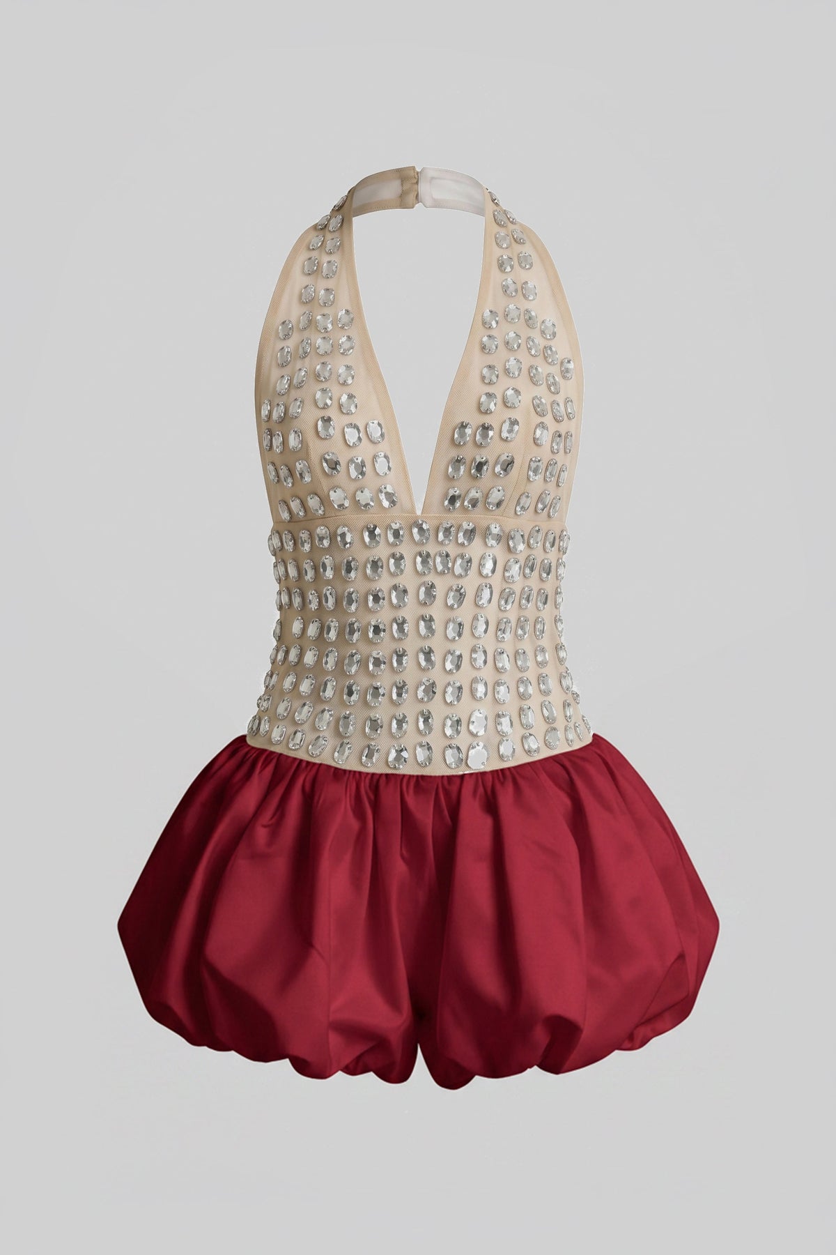 Crystal-Embellished Halter Mini Dress With Bubble Skirt - Red - View 2