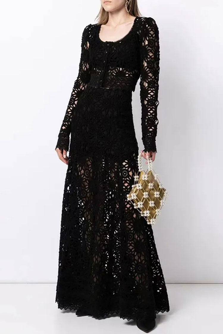 Graceful Button Up High Waist Crochet Lace Maxi Dress - Black