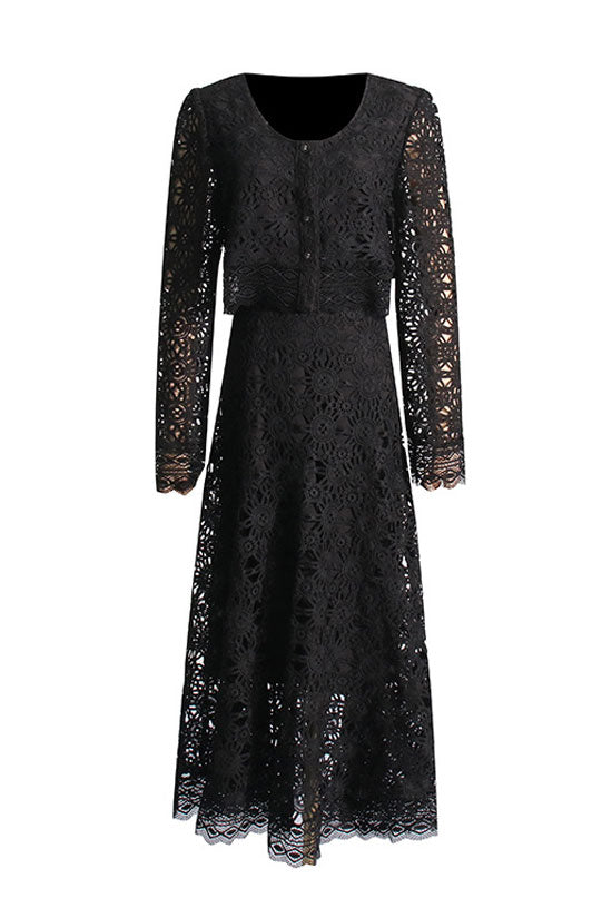Graceful Button Up High Waist Crochet Lace Maxi Dress - Black - View 2