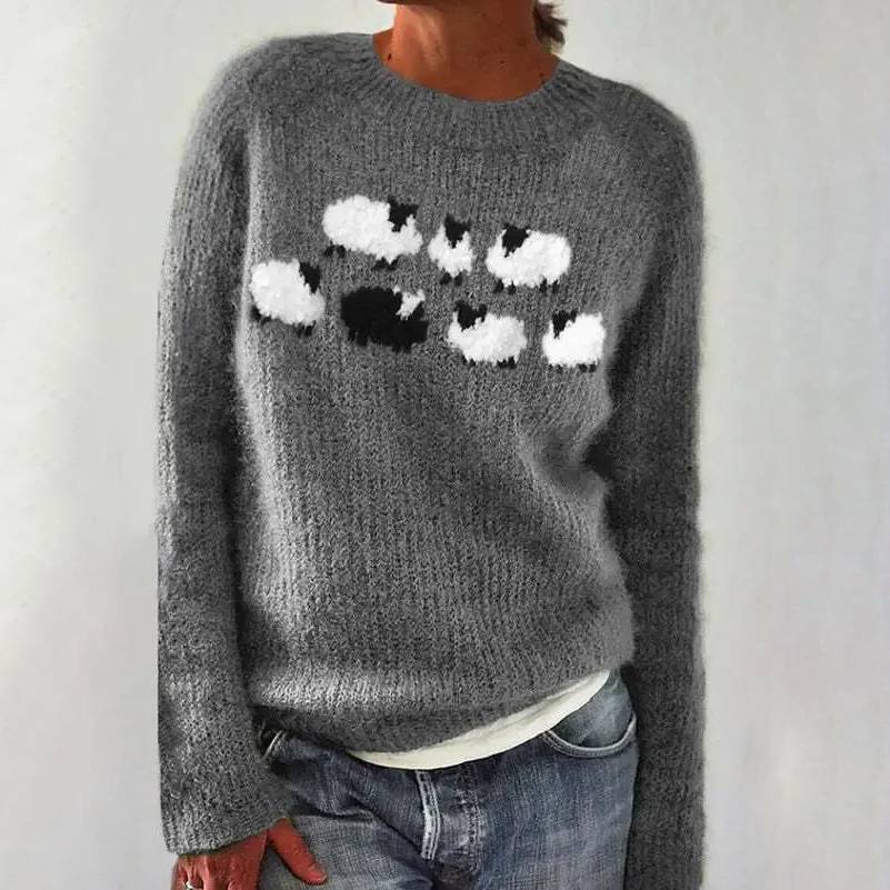 Crew Neck Sheep Motif Fuzzy Knit Sweater 2