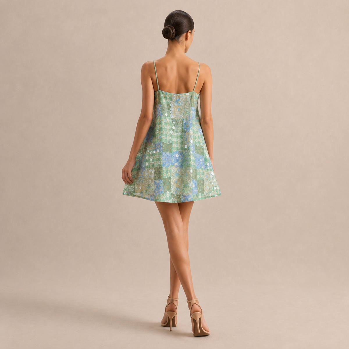 Floral Sequin Square Neck Trapeze Swing Mini Dress 3