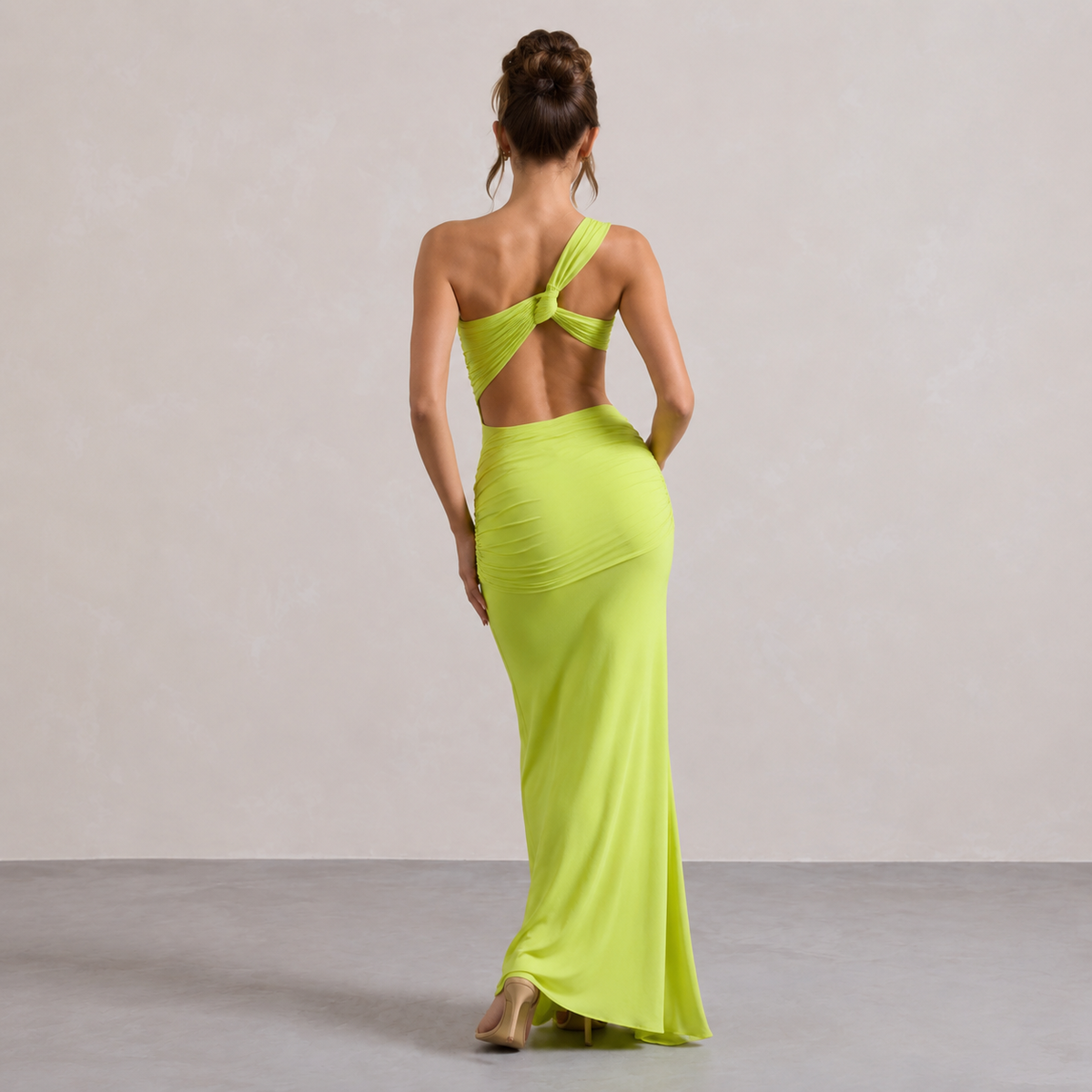 One Shoulder Waist Cut Out Ruched Fishtail Maxi Dress 9