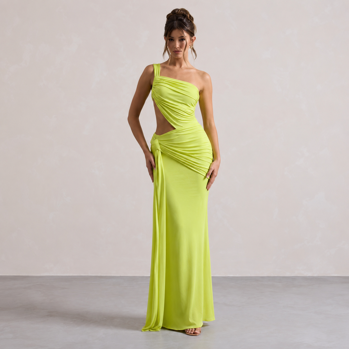 One Shoulder Waist Cut Out Ruched Fishtail Maxi Dress 7