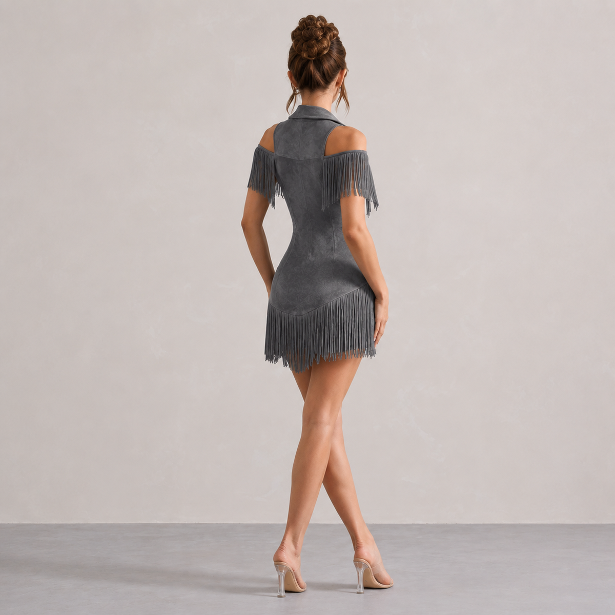 Suede Cold Shoulder Zip Front Fringe Mini Dress 19