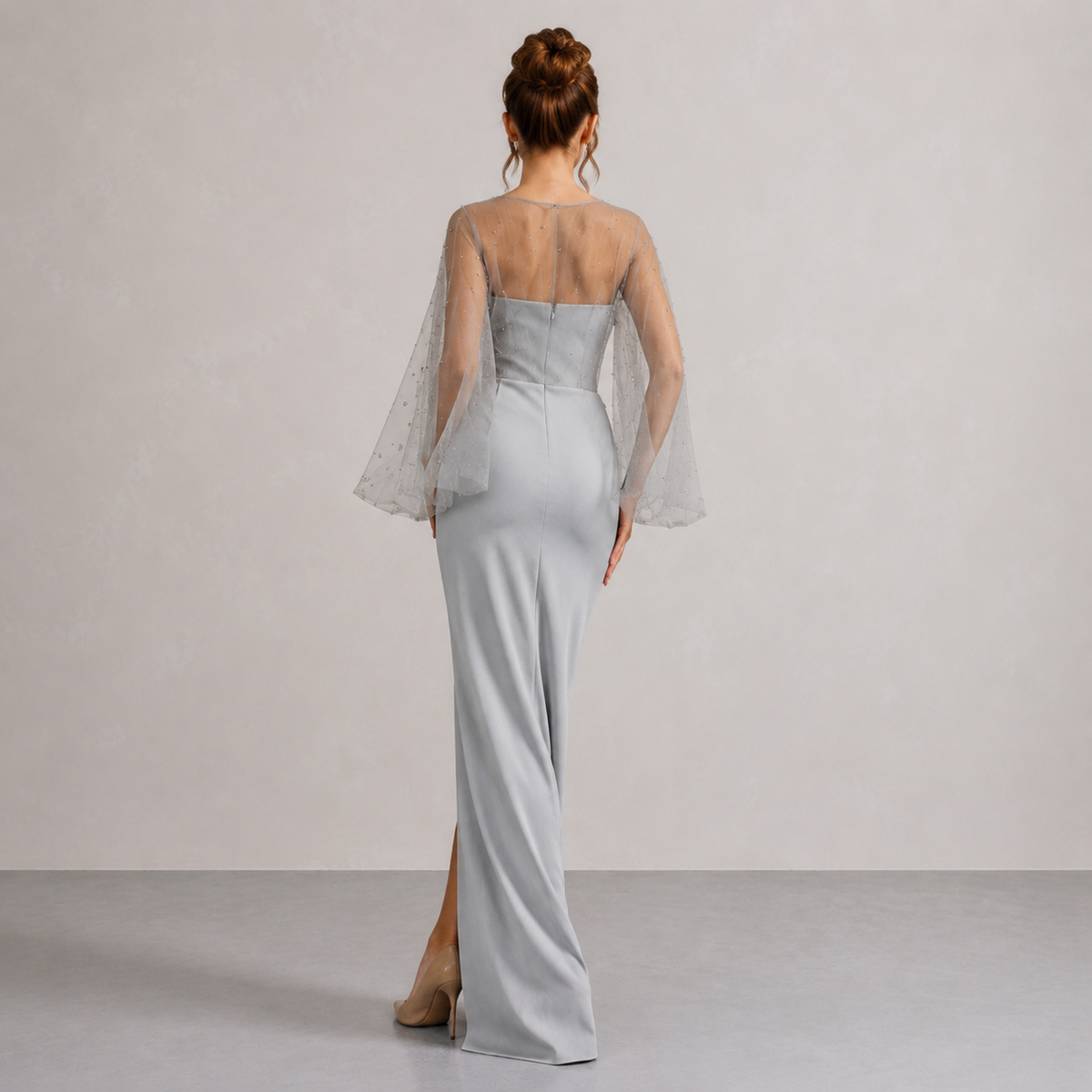 Pearl Sheer Sleeve Ruched High Split Maxi Gown 6
