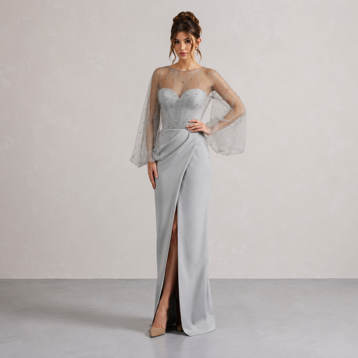 Pearl Sheer Sleeve Ruched High Split Maxi Gown 4