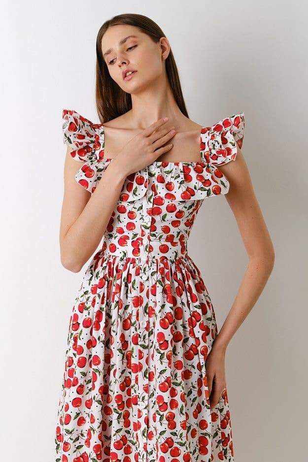 Cherry Print Square Neck Ruffle Sleeve Tiered Midi Dress - View 2