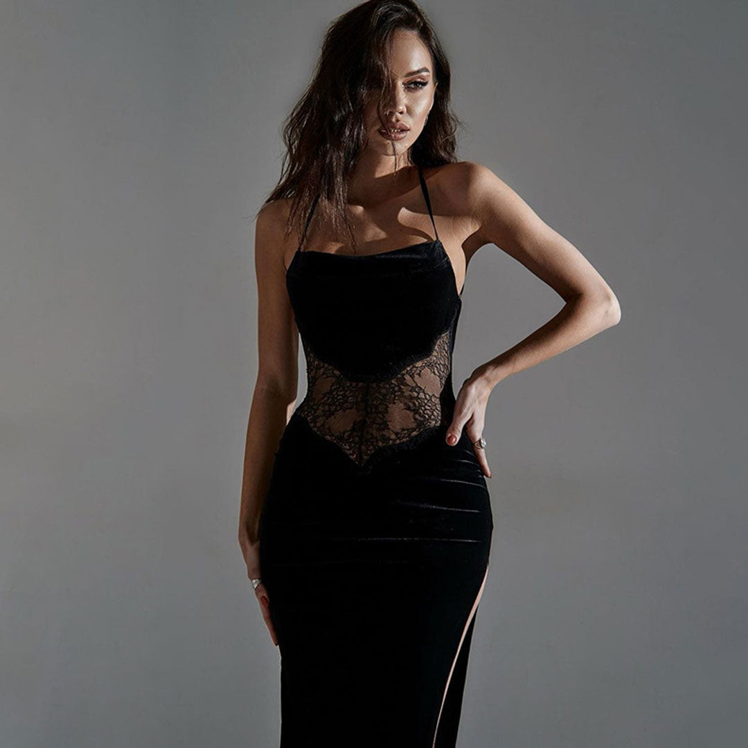 Velvet Cowl Neck Lace Trim High Split Backless Slip Maxi Dress - View 2