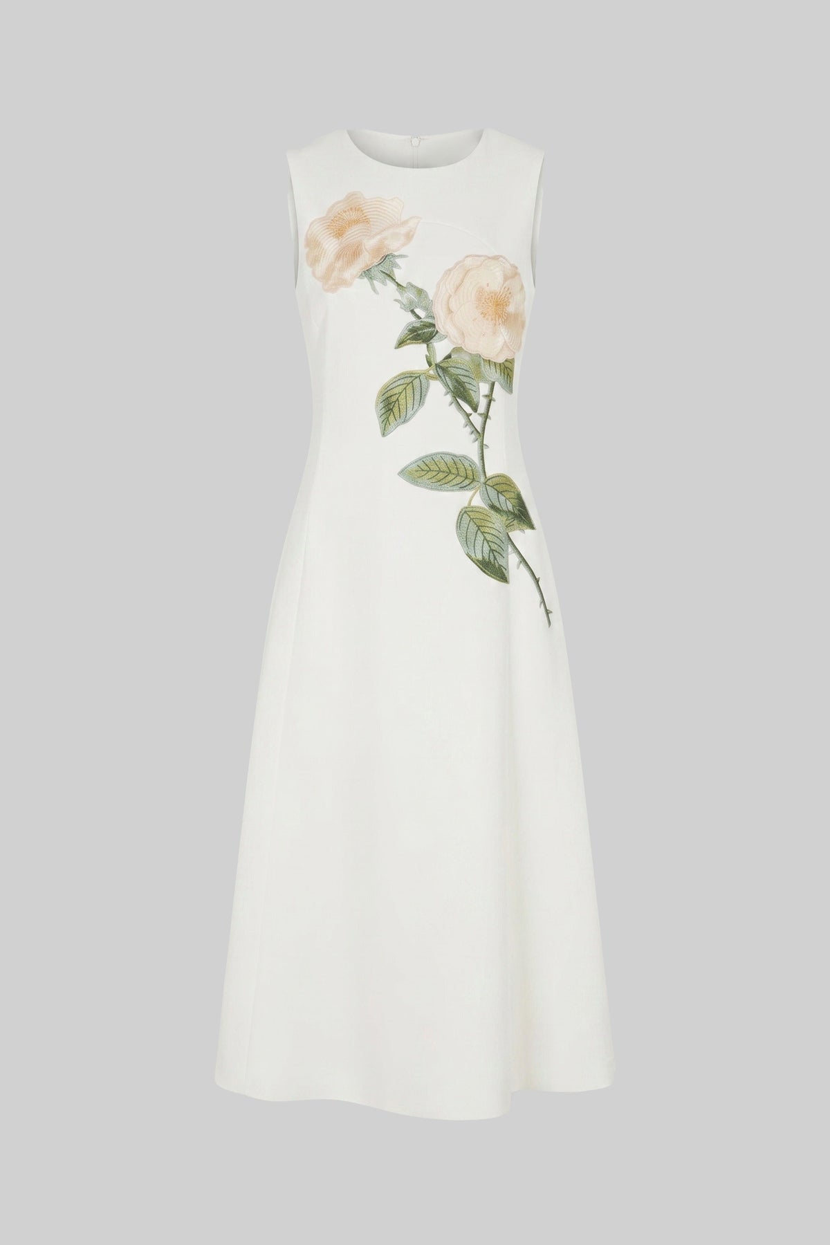 Sleeveless Midi Dress With 3D Floral Appliqué And Full Skirt - White - View 5