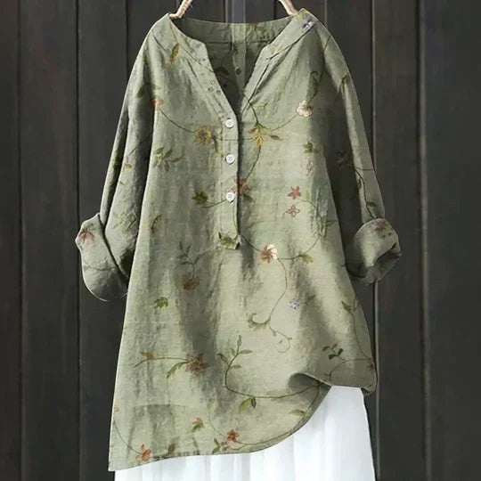 Floral Crane Print Button Long Sleeve Blouse 6