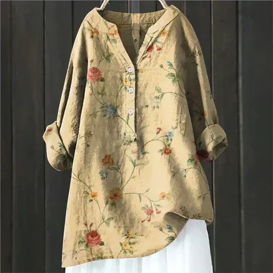 Floral Crane Print Button Long Sleeve Blouse 5