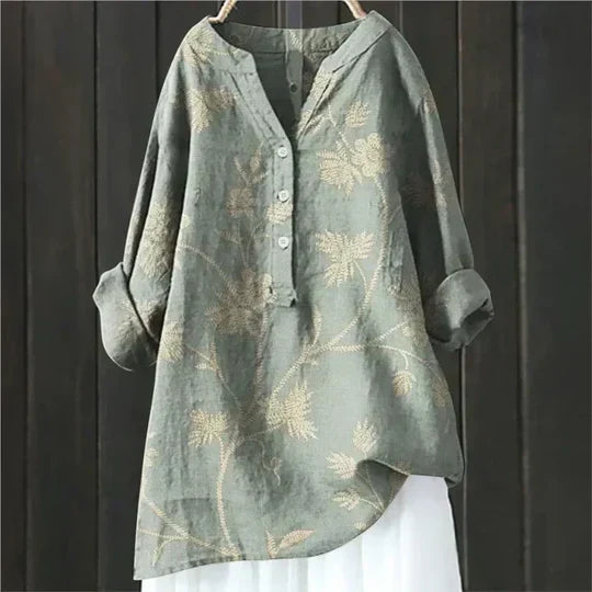 Floral Crane Print Button Long Sleeve Blouse 8