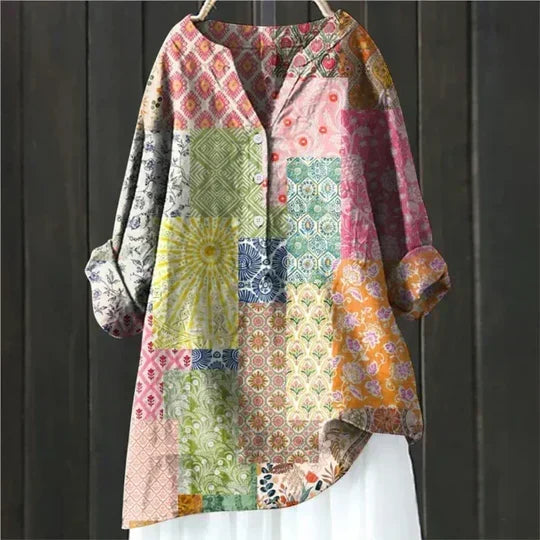 Floral Crane Print Button Long Sleeve Blouse 4