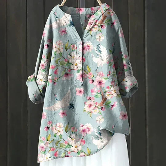 Floral Crane Print Button Long Sleeve Blouse