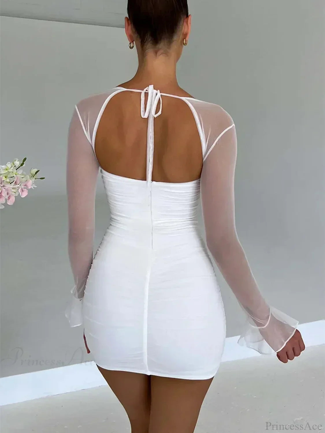 Mesh Halter Neck Long Sleeve Ruched Bodycon Mini Dress - View 4