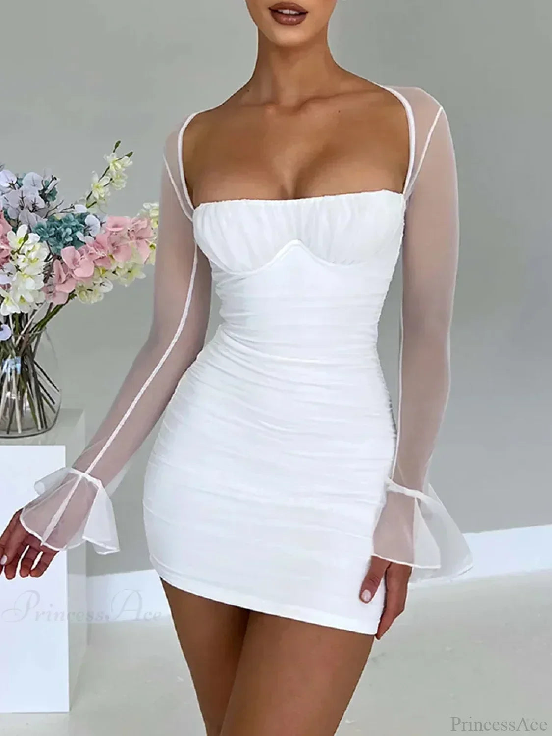 Mesh Halter Neck Long Sleeve Ruched Bodycon Mini Dress - View 5