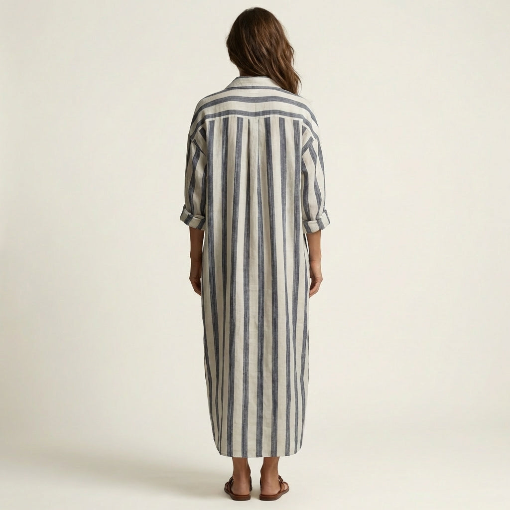 Striped Collared Long Sleeve Oversized Maxi Shirt Dress 2