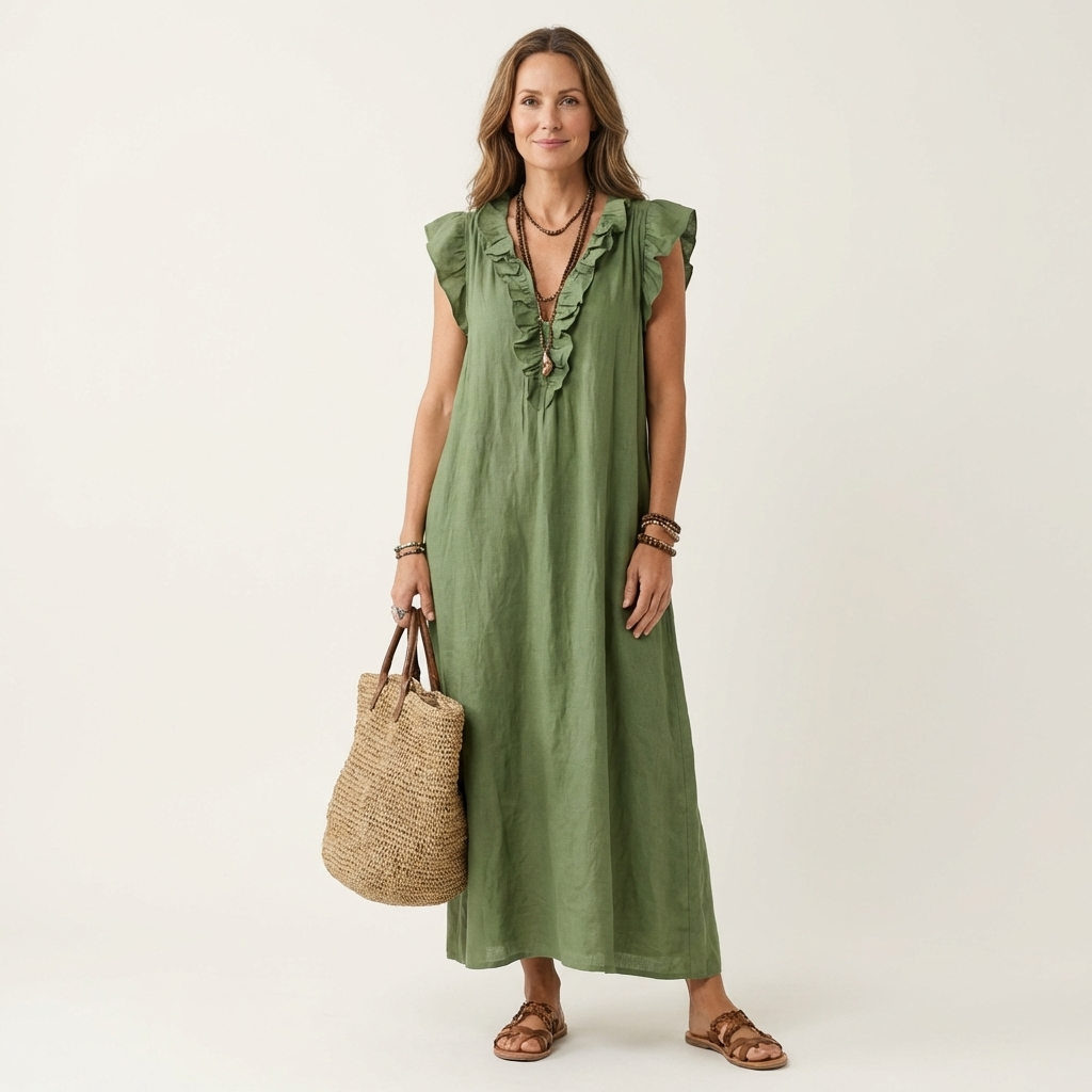 V-Neck Ruffle Trim Sleeveless Linen Maxi Dress 7