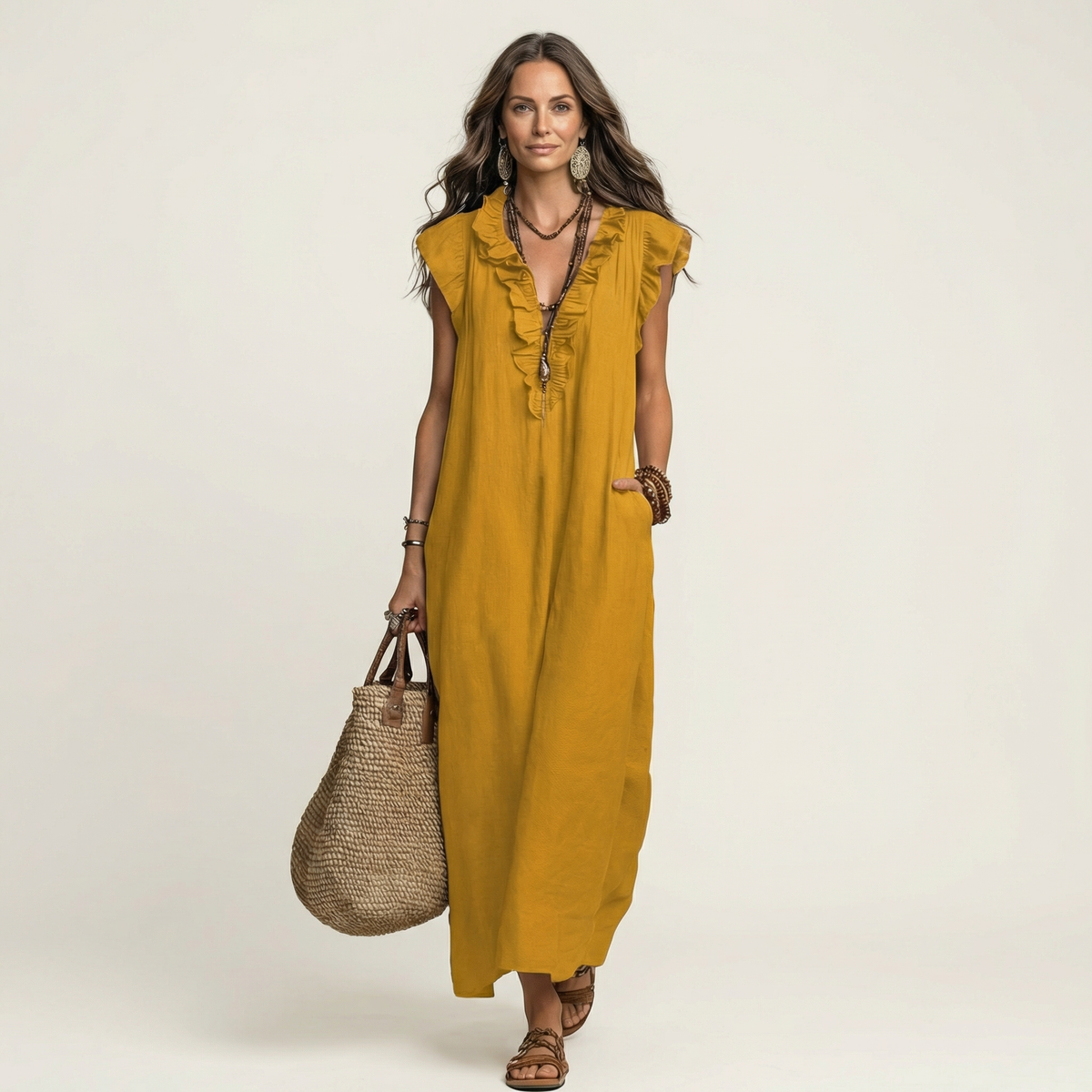 V-Neck Ruffle Trim Sleeveless Linen Maxi Dress 13