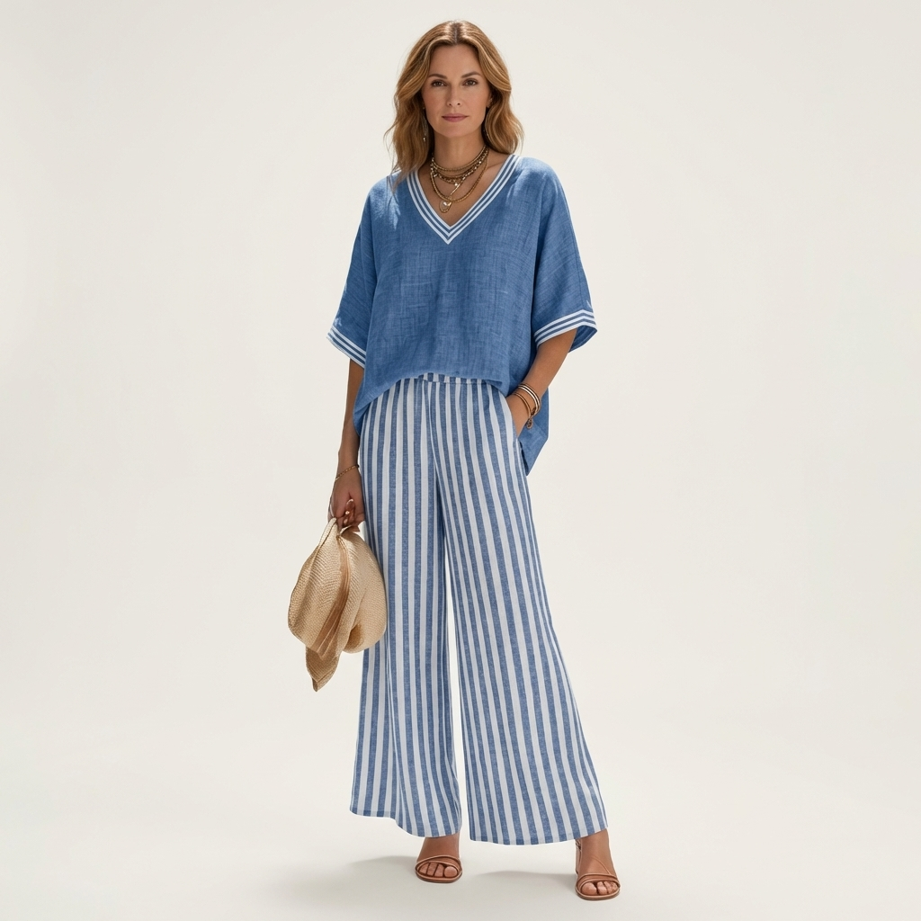V-Neck Short Sleeve Top and Striped Wide Leg Pants Two Piece Set