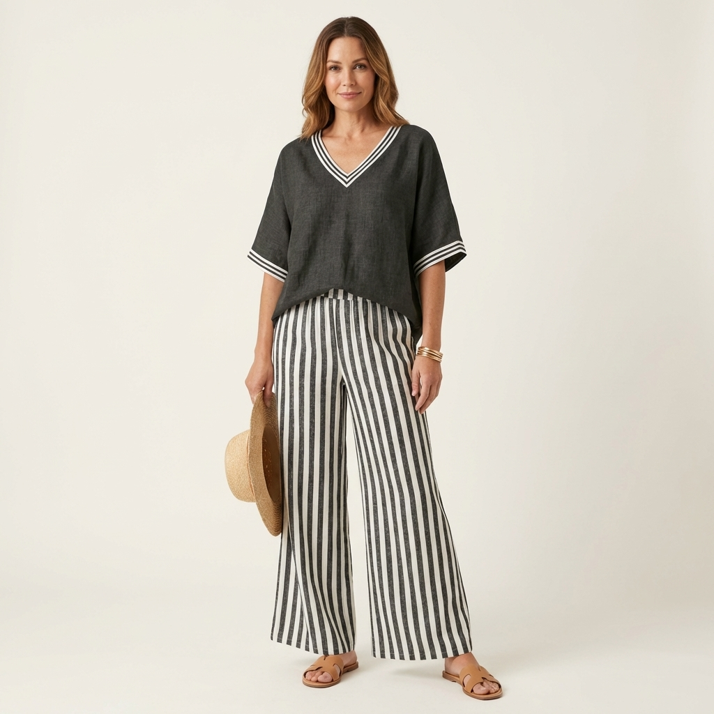 V-Neck Short Sleeve Top and Striped Wide Leg Pants Two Piece Set 7