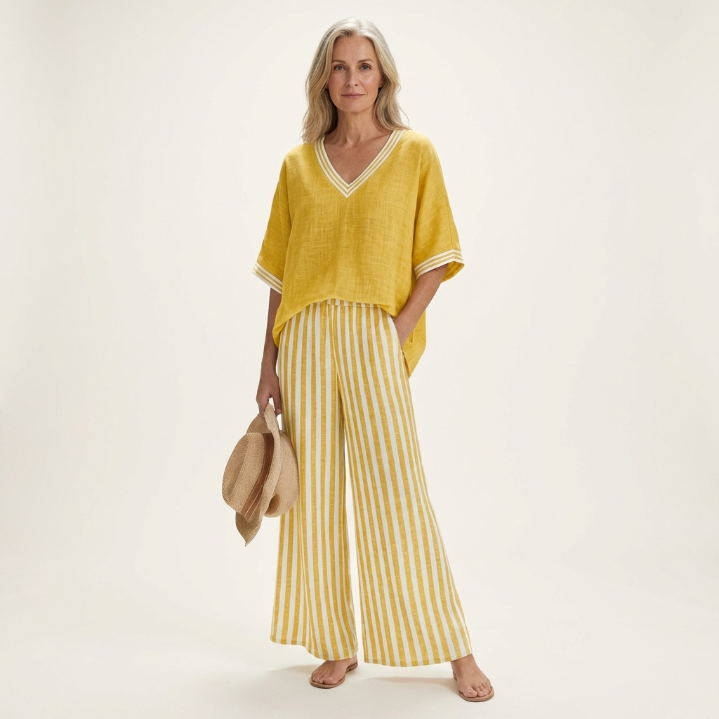 V-Neck Short Sleeve Top and Striped Wide Leg Pants Two Piece Set 5