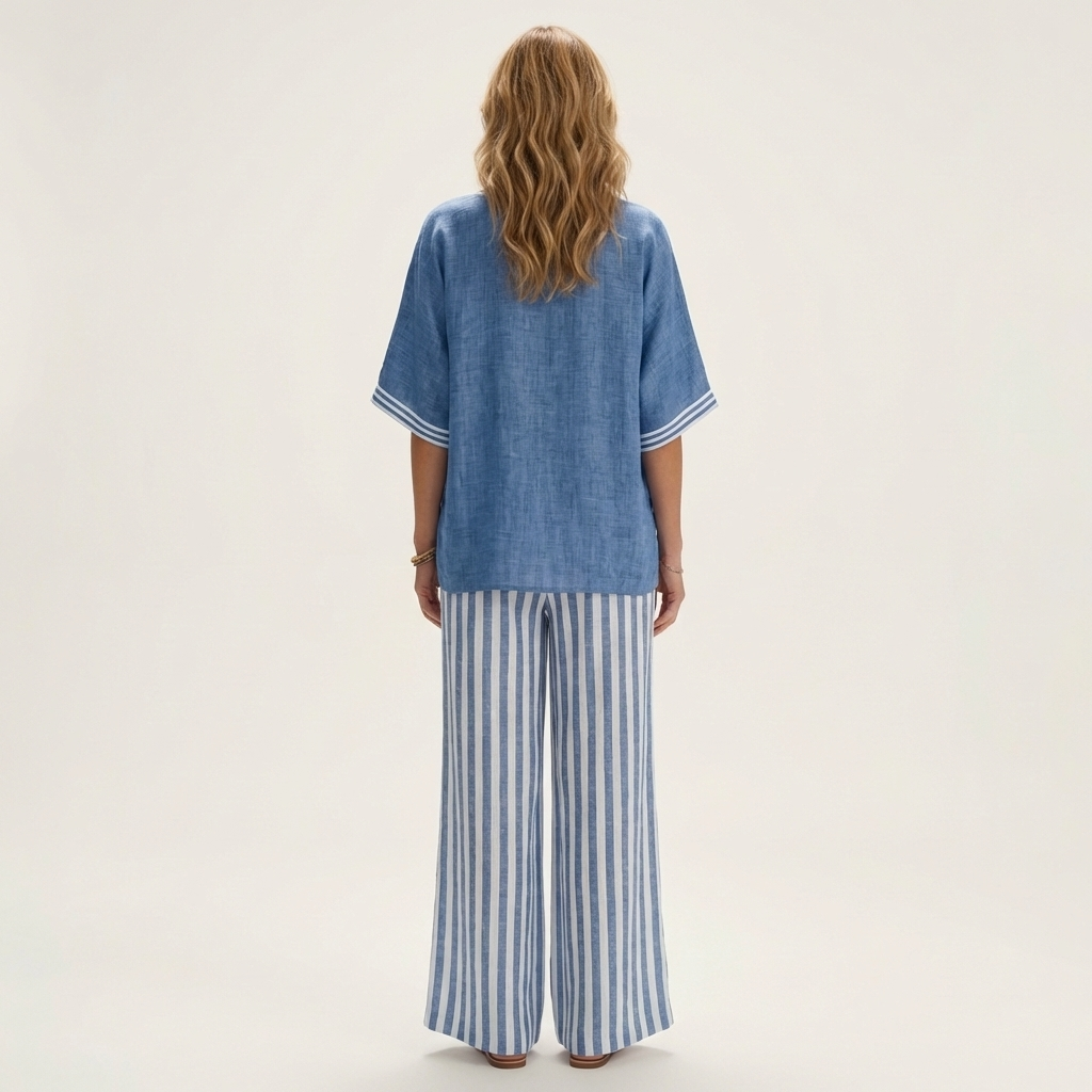 V-Neck Short Sleeve Top and Striped Wide Leg Pants Two Piece Set 2