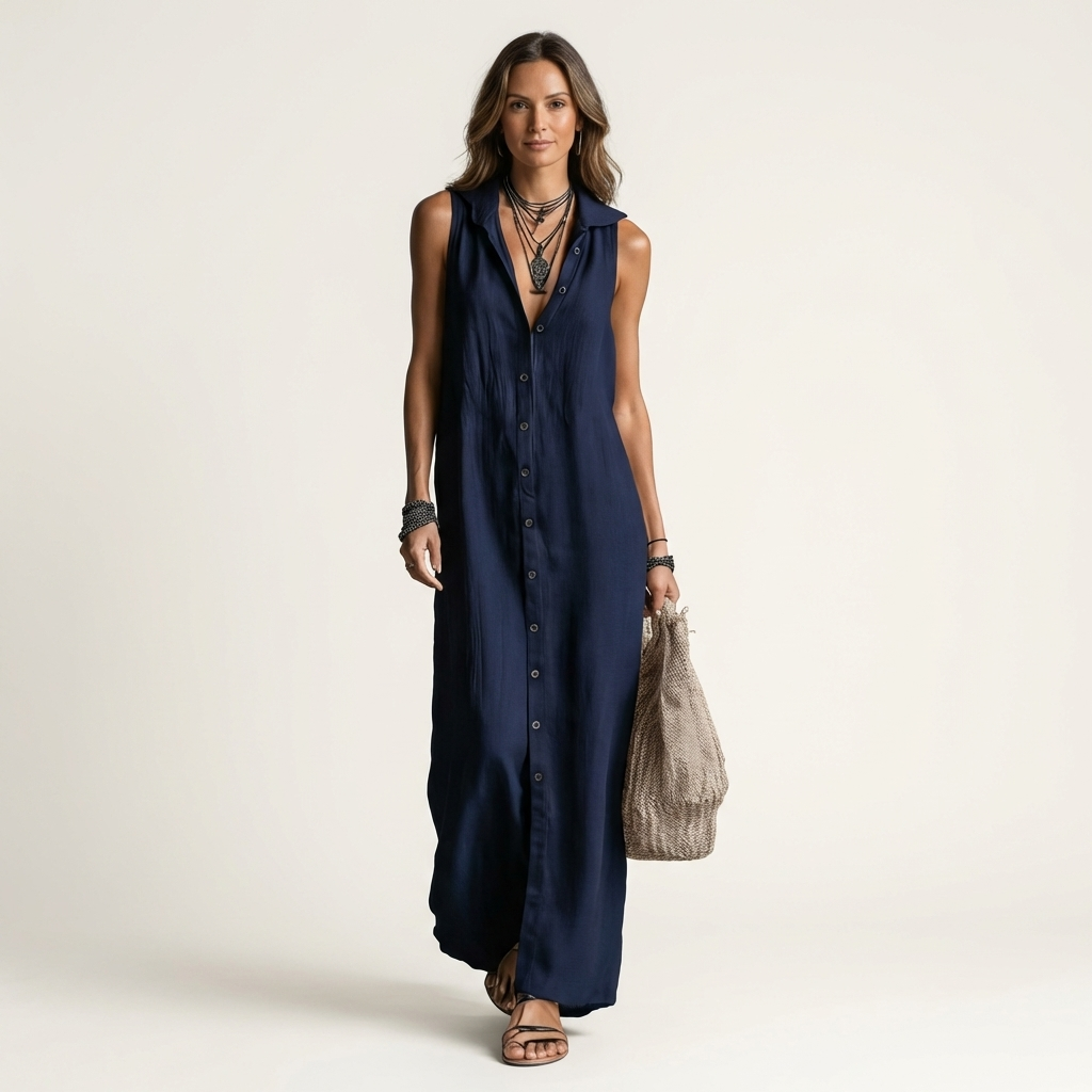 Collared Sleeveless Button Front Maxi Shirt Dress