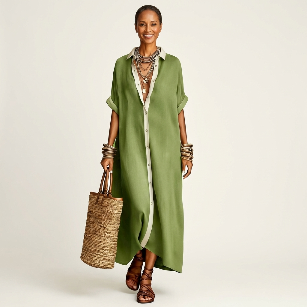 Collared Short Sleeve Contrast Placket Maxi Shirt Dress 9
