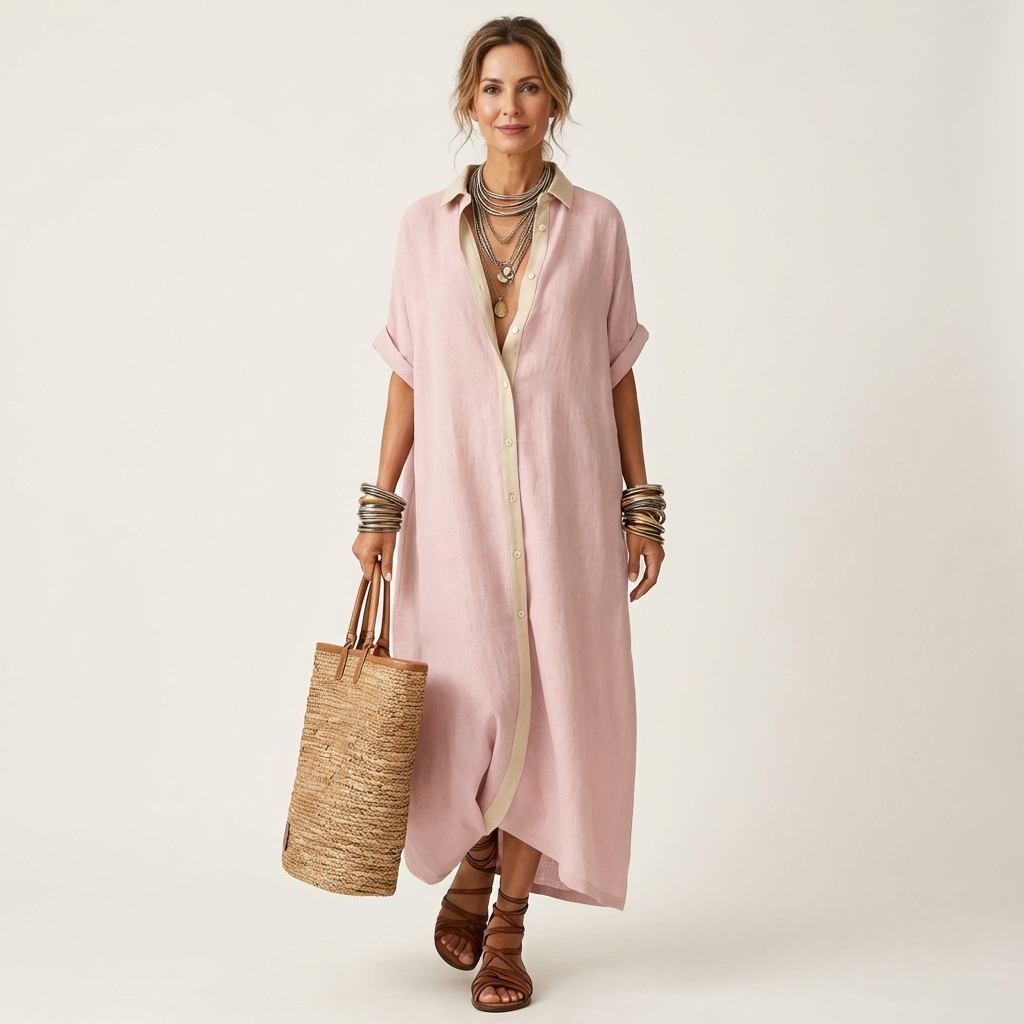 Collared Short Sleeve Contrast Placket Maxi Shirt Dress 7