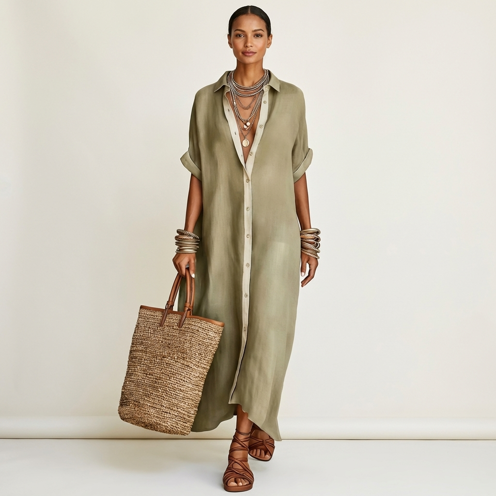 Collared Short Sleeve Contrast Placket Maxi Shirt Dress 3