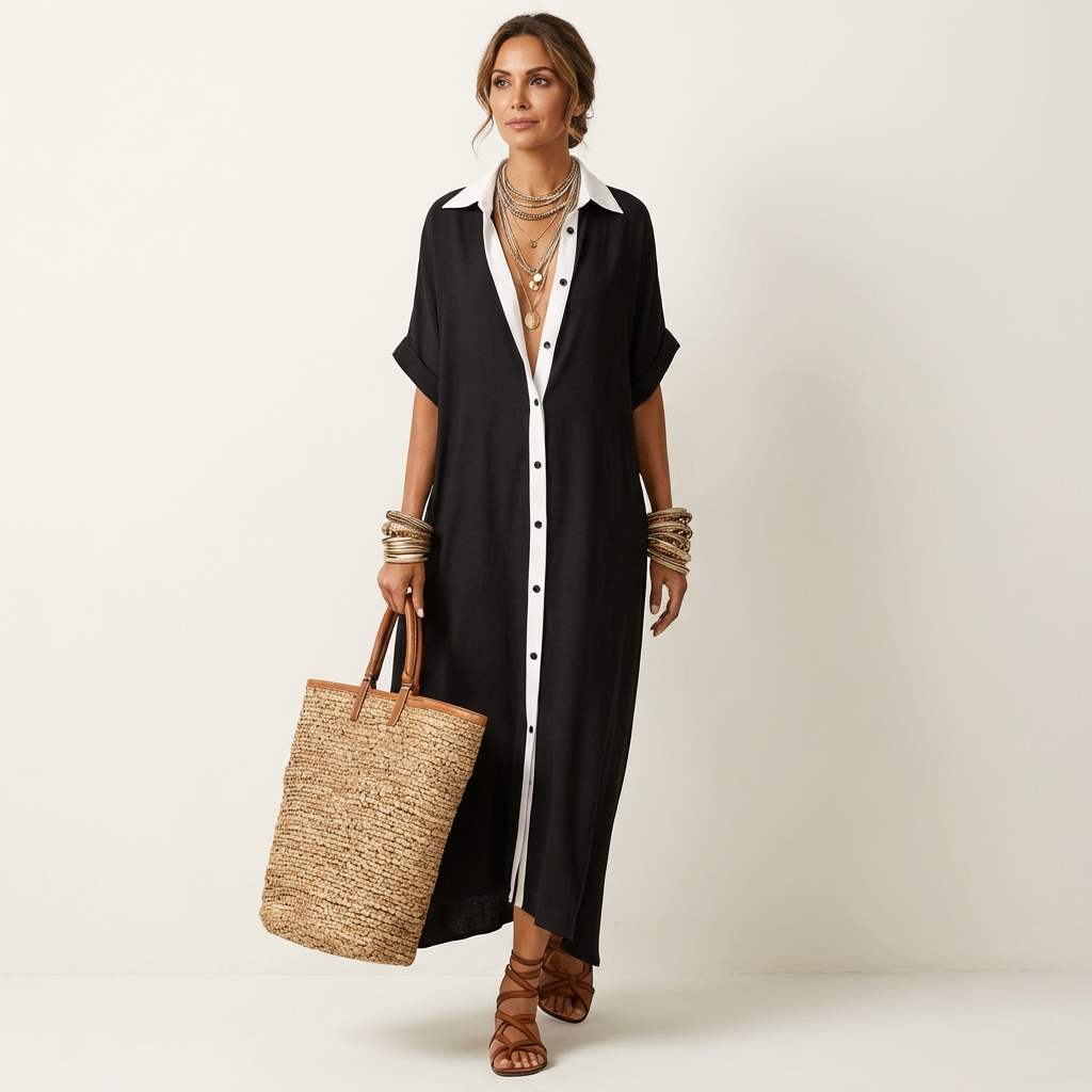 Collared Short Sleeve Contrast Placket Maxi Shirt Dress 5