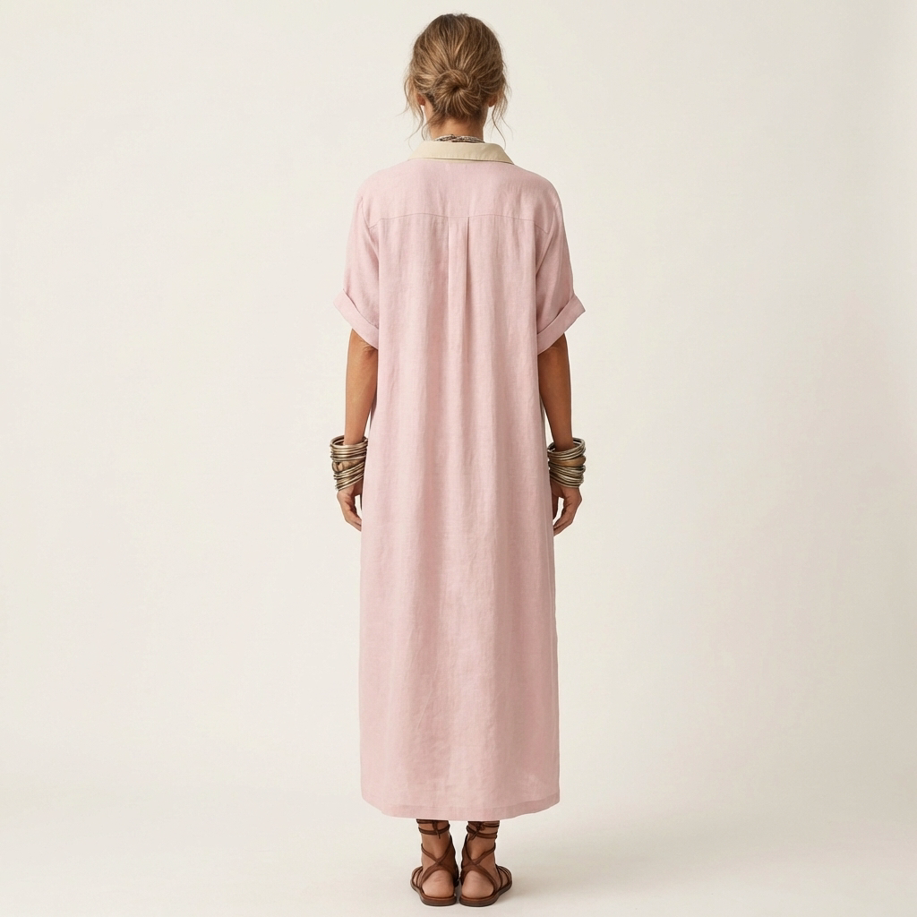 Collared Short Sleeve Contrast Placket Maxi Shirt Dress 8