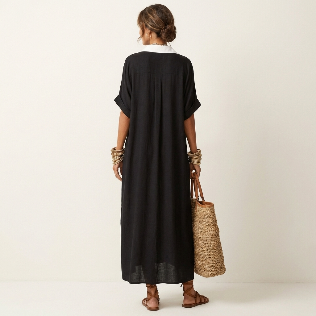 Collared Short Sleeve Contrast Placket Maxi Shirt Dress 6