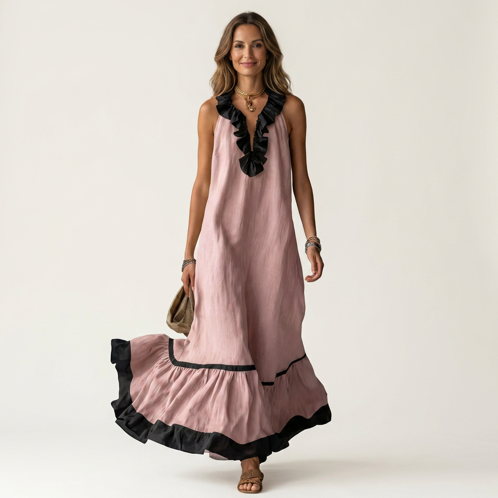 Sleeveless Ruffle V-Neck Contrast Trim Maxi Dress 7