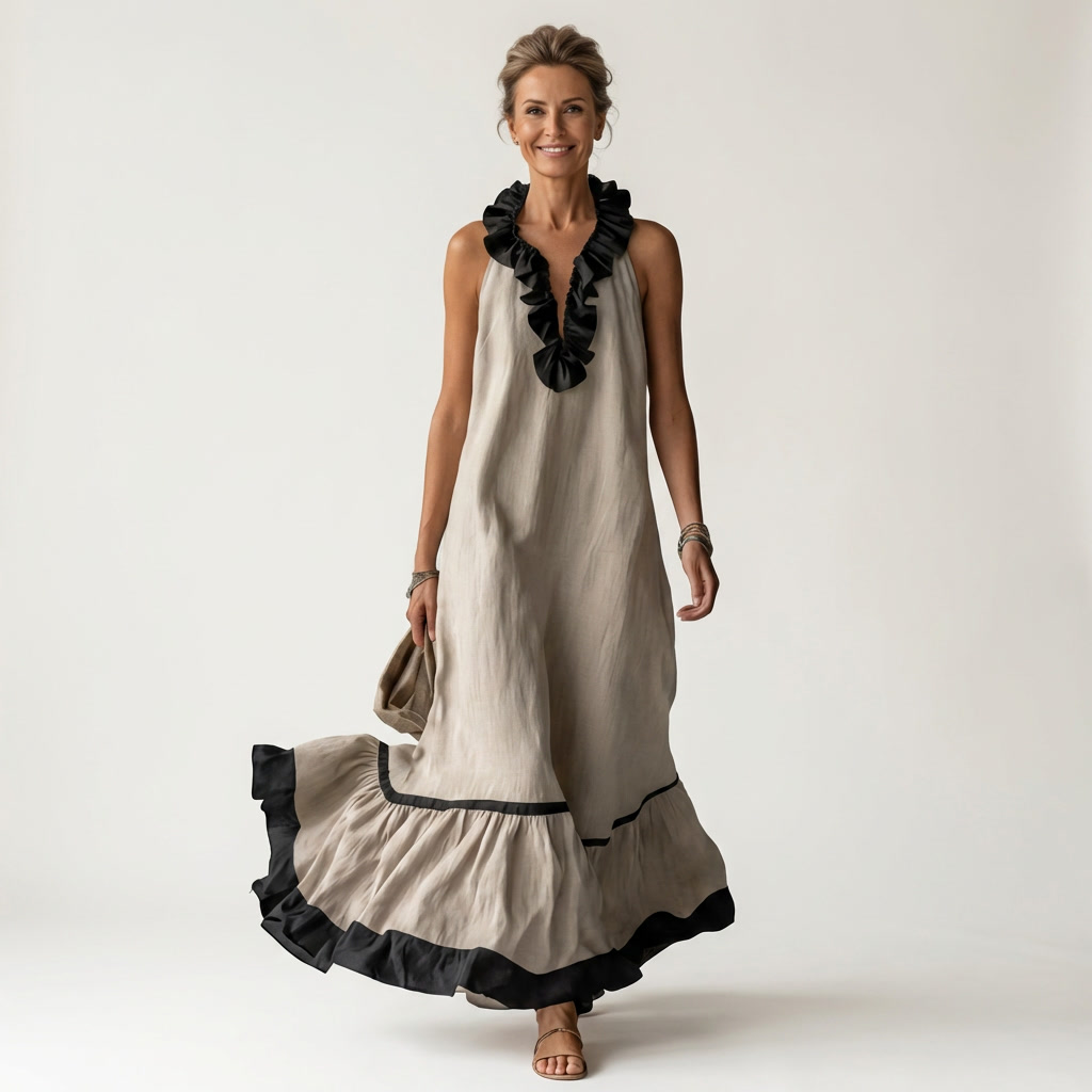 Sleeveless Ruffle V-Neck Contrast Trim Maxi Dress 13