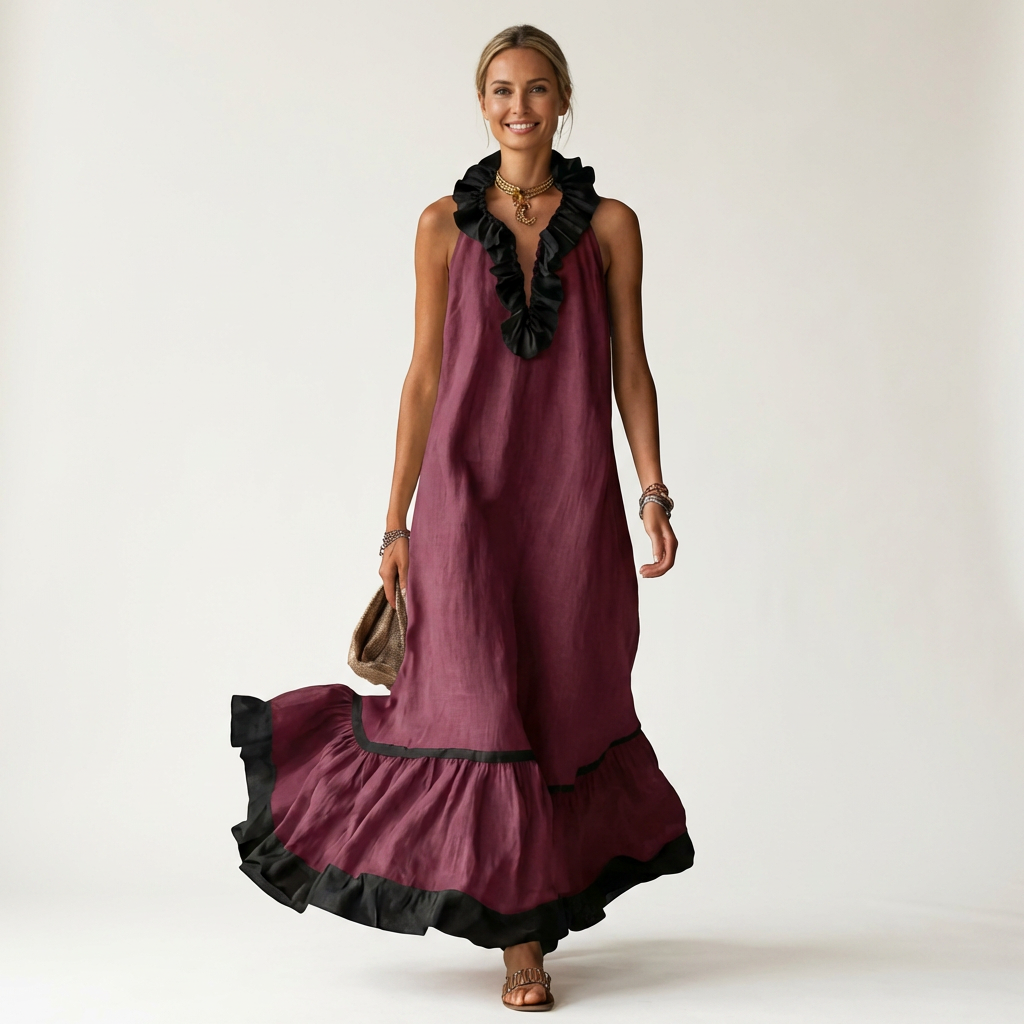 Sleeveless Ruffle V-Neck Contrast Trim Maxi Dress 9