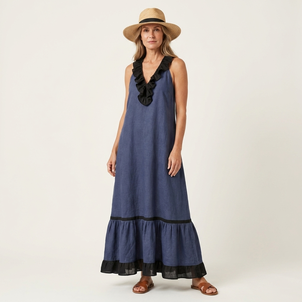 Sleeveless Ruffle V-Neck Contrast Trim Maxi Dress 5