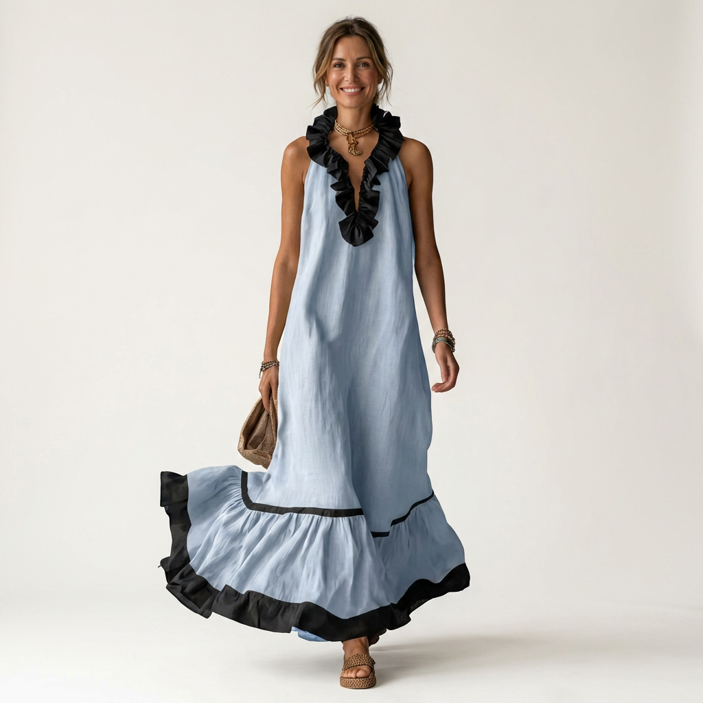 Sleeveless Ruffle V-Neck Contrast Trim Maxi Dress 3