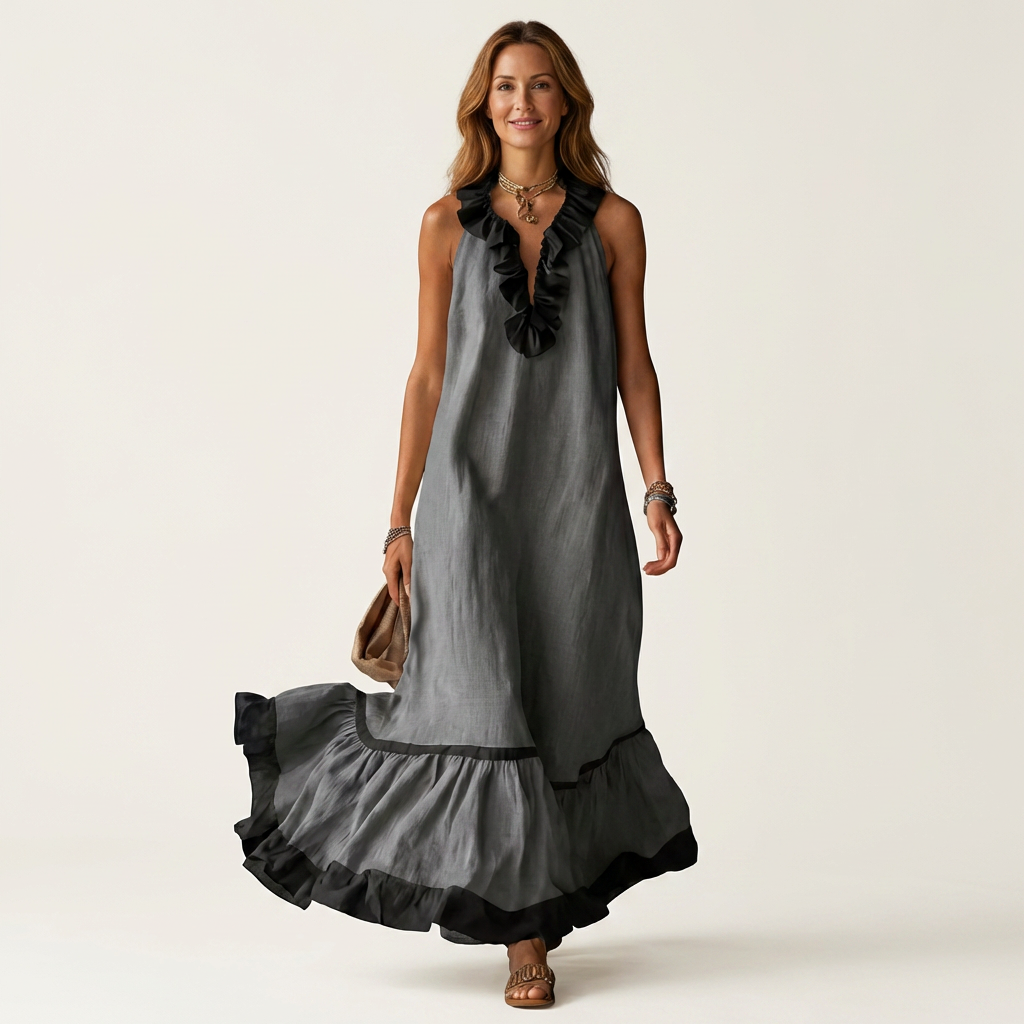 Sleeveless Ruffle V-Neck Contrast Trim Maxi Dress