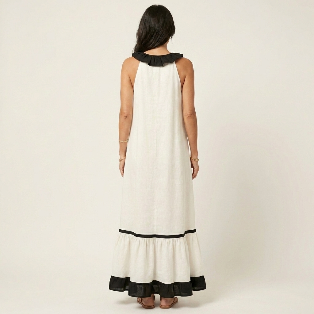 Sleeveless Ruffle V-Neck Contrast Trim Maxi Dress 12