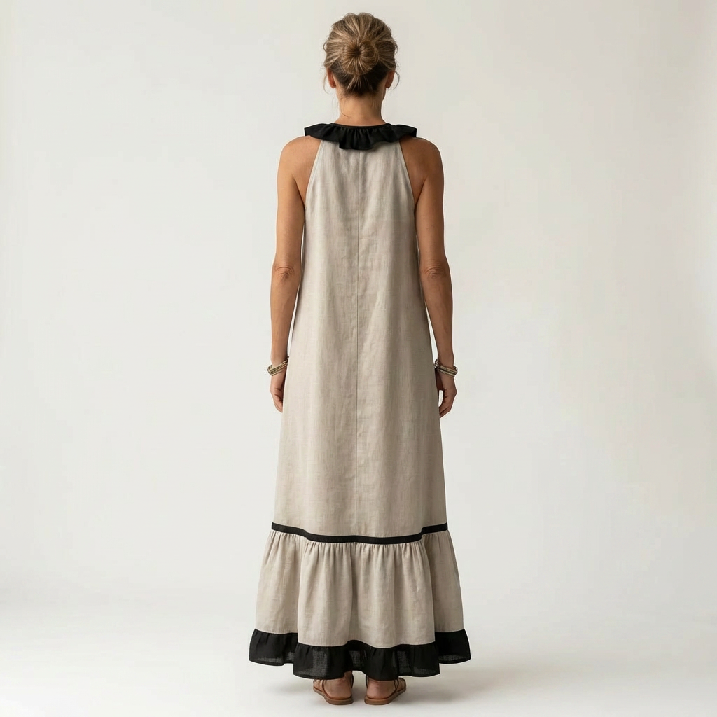 Sleeveless Ruffle V-Neck Contrast Trim Maxi Dress 14