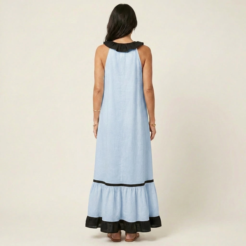 Sleeveless Ruffle V-Neck Contrast Trim Maxi Dress 4